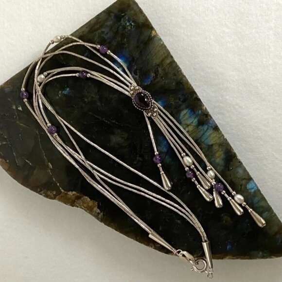 VTG Q.T. Sterling Carlisle Jewelry Amethyst Liquid Silver Tassel Y Necklace - Picture 14 of 16